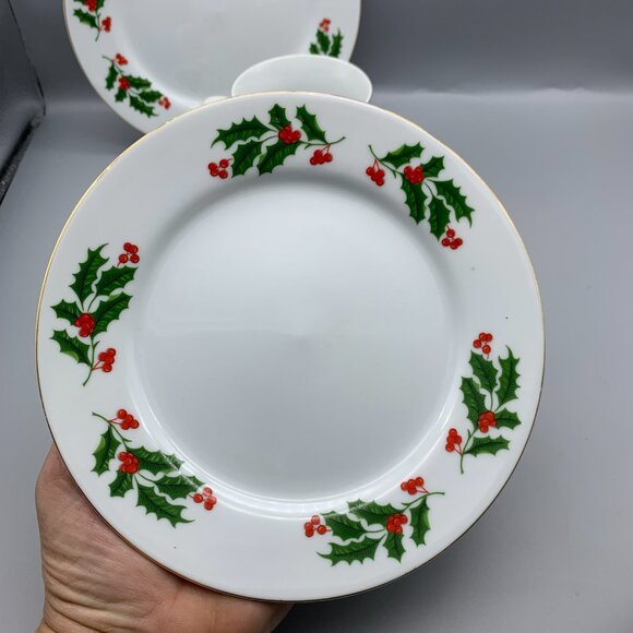 Set of White with Green Holly and Red Berries Cup & Saucer and 2 Dessert Plates - Picture 4 of 9